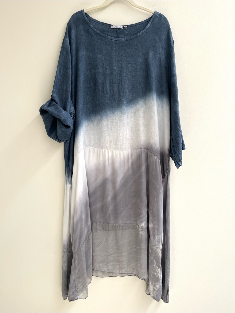 Vasna linen tie-dye midi dress linen silk roll-tab sleeves coastal blue ombre 3X